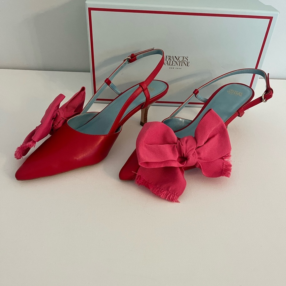 Frances Valentine Grace Nappa Leather Red Heels with Pink Bow
One in light blue - Picture 1 of 11